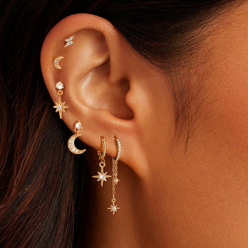GWH 6 Pcs Gold Earrings for Women - 18K Gold Plated Moon Star Hoop Stackable Cubic Zirconia Chain Dangle Earring Set Stacks for Multiple Piercings Jewelry for Women Sensitive Ears Non Tarnish - Image 2