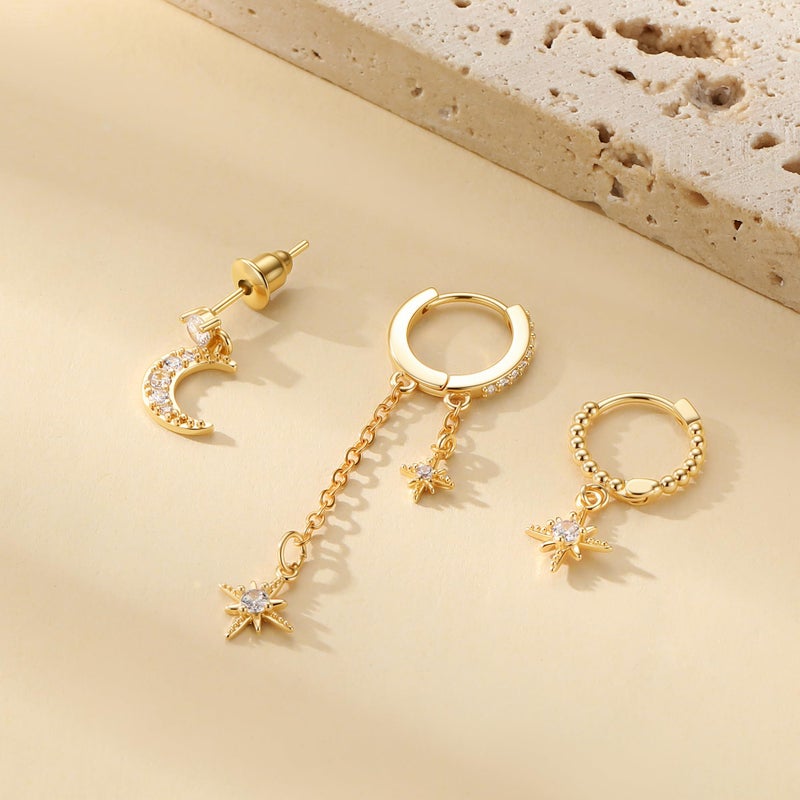 GWH 6 Pcs Gold Earrings for Women - 18K Gold Plated Moon Star Hoop Stackable Cubic Zirconia Chain Dangle Earring Set Stacks for Multiple Piercings Jewelry for Women Sensitive Ears Non Tarnish - Image 5