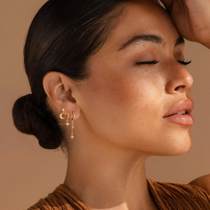 GWH 6 Pcs Gold Earrings for Women - 18K Gold Plated Moon Star Hoop Stackable Cubic Zirconia Chain Dangle Earring Set Stacks for Multiple Piercings Jewelry for Women Sensitive Ears Non Tarnish - Image 4