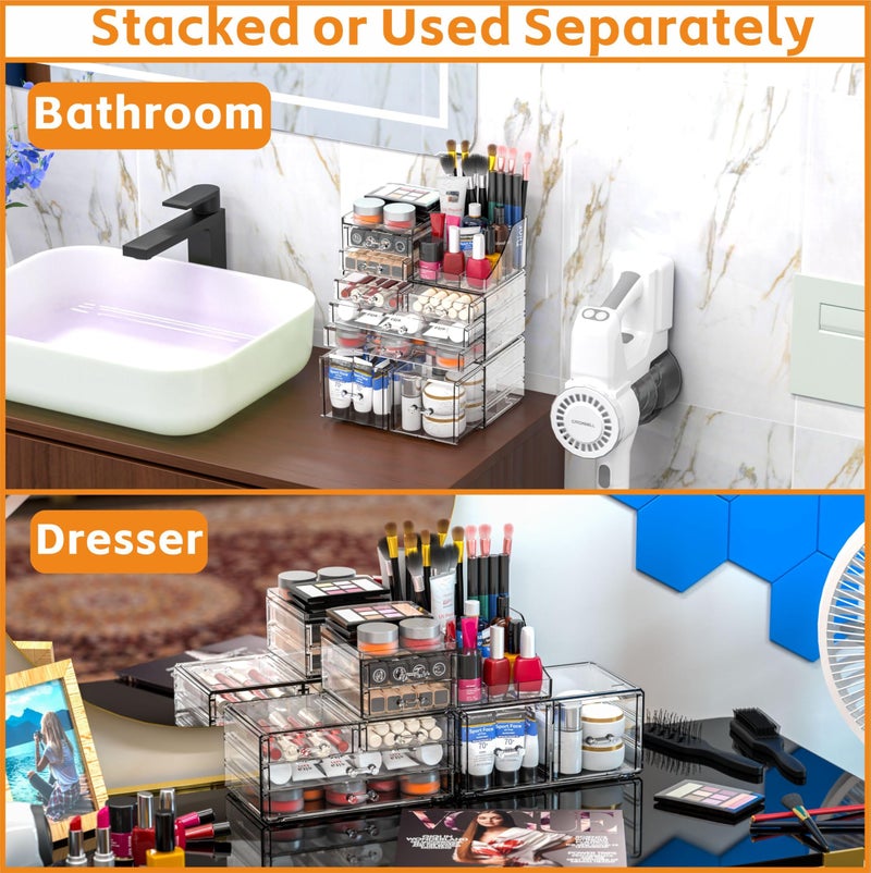 Cq acrylic 3 Pack Clear Makeup Organizer Countertop,Stackable 8 Drawers Skin Care Organizer,Cute Make Up Organizers for Vanity Jewelry,Hair Accessory,Beauty,Skin Care,Skincare Product Desk Storage - Image 2