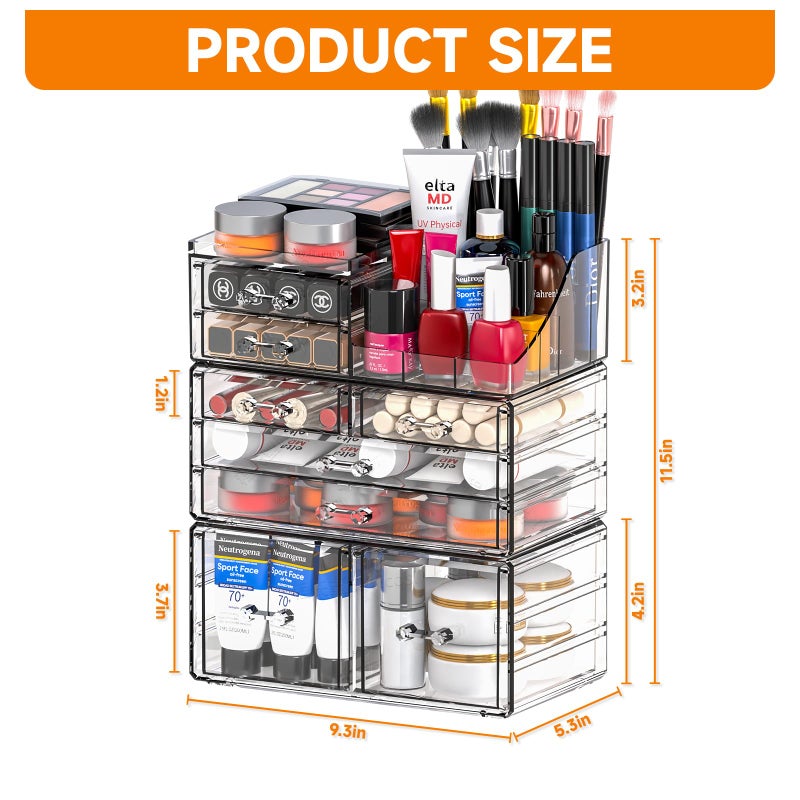 Cq acrylic 3 Pack Clear Makeup Organizer Countertop,Stackable 8 Drawers Skin Care Organizer,Cute Make Up Organizers for Vanity Jewelry,Hair Accessory,Beauty,Skin Care,Skincare Product Desk Storage - Image 3