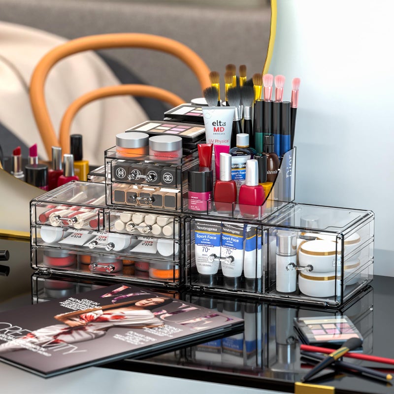 Cq acrylic 3 Pack Clear Makeup Organizer Countertop,Stackable 8 Drawers Skin Care Organizer,Cute Make Up Organizers for Vanity Jewelry,Hair Accessory,Beauty,Skin Care,Skincare Product Desk Storage - Image 5
