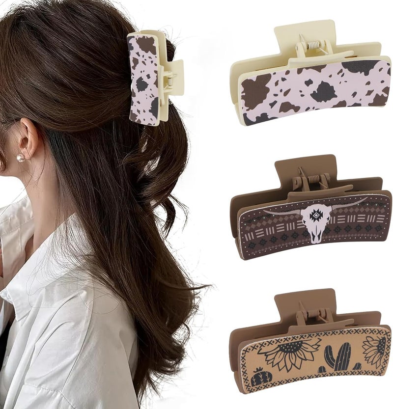 Western Hair Clips BENOSPACE 3pcs Large Leather Hair Clip Claw for Women Retro Sunflower Cattle Cow Print Square Claw Clips Western Style Cowgirl Stuff Gift Cowhide Hair Accessories Big Hairgrips