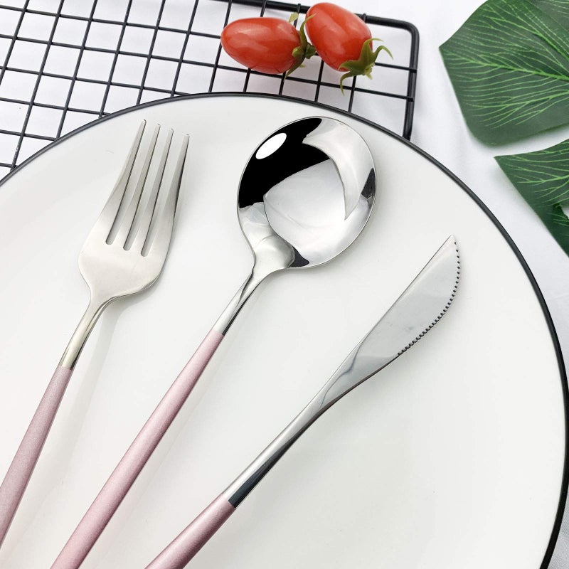 JASHII Flatware Serving Set 24 Piece, Stainless Steel Silverware Set, Pink Silver Cutlery Set, Modern Elegant Tableware Set for Party, Christmas, Dinner (Pink Silver) - Image 4