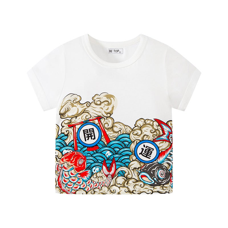 Children'S Clothing New Chinese Style Lion Awakening Koi Lucky Cat Print Kidsren'S Short-Sleeved Style T-Shirt Festive New Year'S Top - Image 4