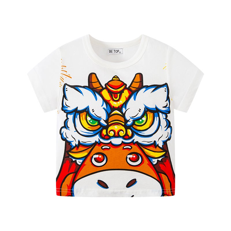 Children'S Clothing New Chinese Style Lion Awakening Koi Lucky Cat Print Kidsren'S Short-Sleeved Style T-Shirt Festive New Year'S Top - Image 5