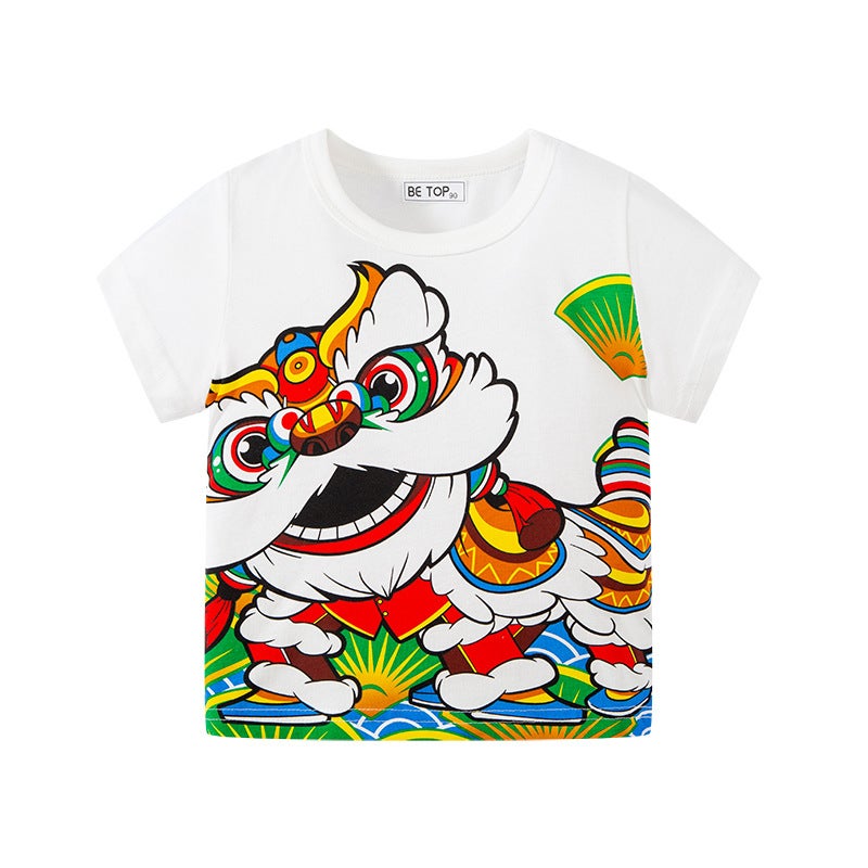 Children'S Clothing New Chinese Style Lion Awakening Koi Lucky Cat Print Kidsren'S Short-Sleeved Style T-Shirt Festive New Year'S Top - Image 1
