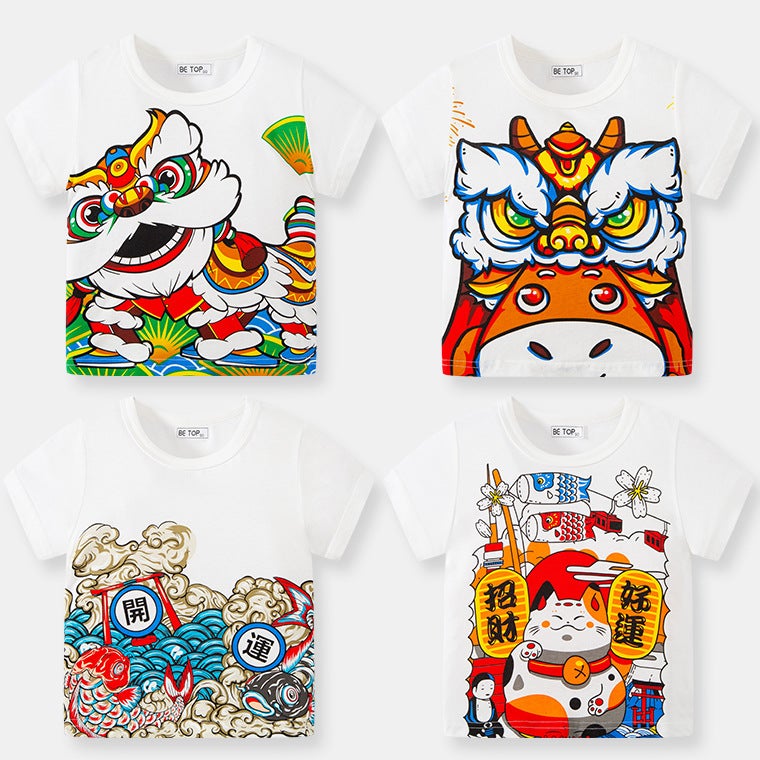 Children'S Clothing New Chinese Style Lion Awakening Koi Lucky Cat Print Kidsren'S Short-Sleeved Style T-Shirt Festive New Year'S Top - Image 2