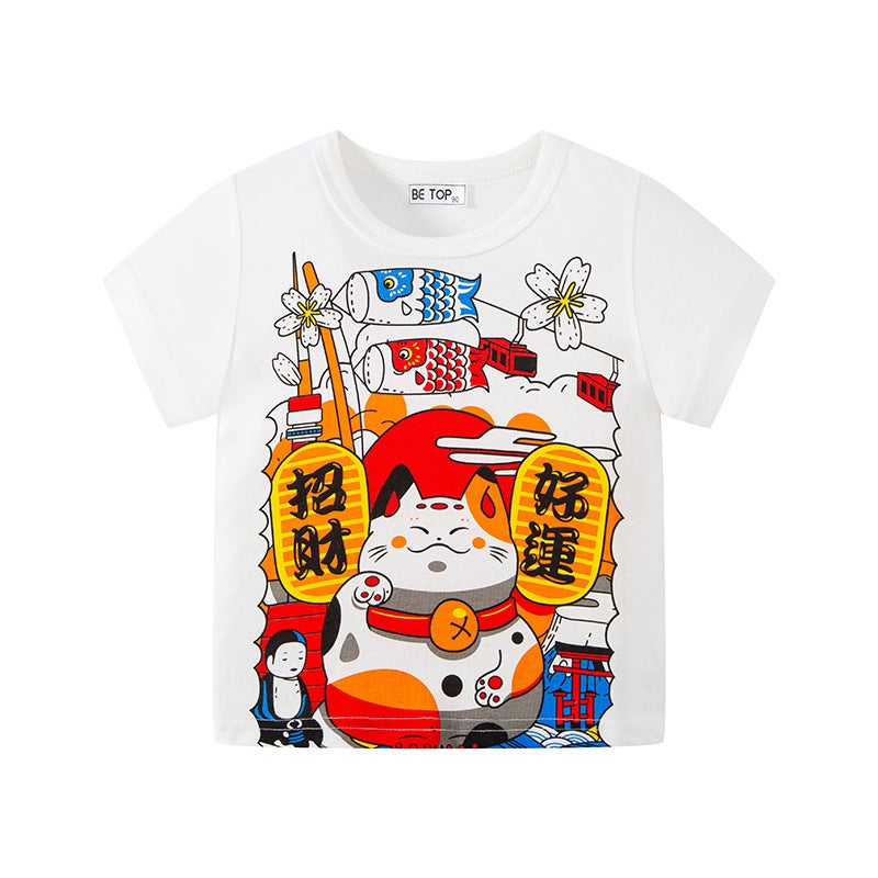 Children'S Clothing New Chinese Style Lion Awakening Koi Lucky Cat Print Kidsren'S Short-Sleeved Style T-Shirt Festive New Year'S Top - Image 3