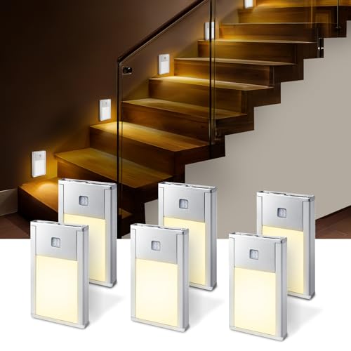 VST Motion Sensor Step Night Light Rechargeable Battery Powered Led Light with Magnetic Suck Installation for Bedroom Hallway Stair Nursery Kids Room 268 inch 3000K 6Pack Silver - Image 1