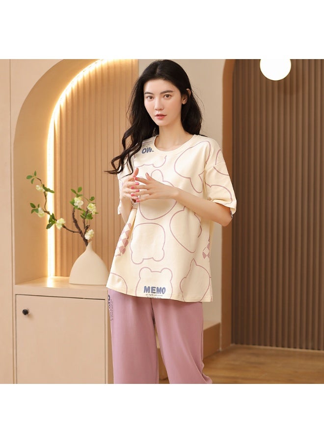 Summer Sleepwear Women's Short Sleeve Seven-pant Cotton Thin Casual Sweet Girl Student Can Wear Outdoor Home Clothes Set - Image 1