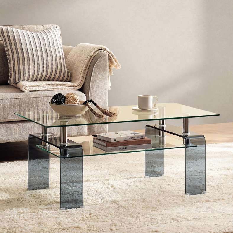 Pan Home طاولة قهوة سوداء شفافة مع رف