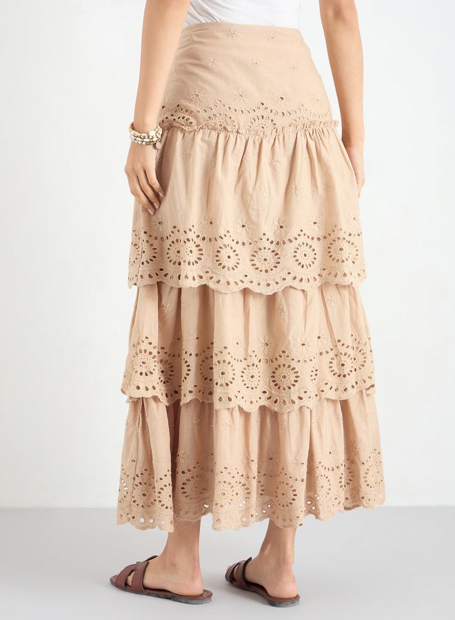 Styli Beige Schiffli Layered Maxi Skirt - Image 5