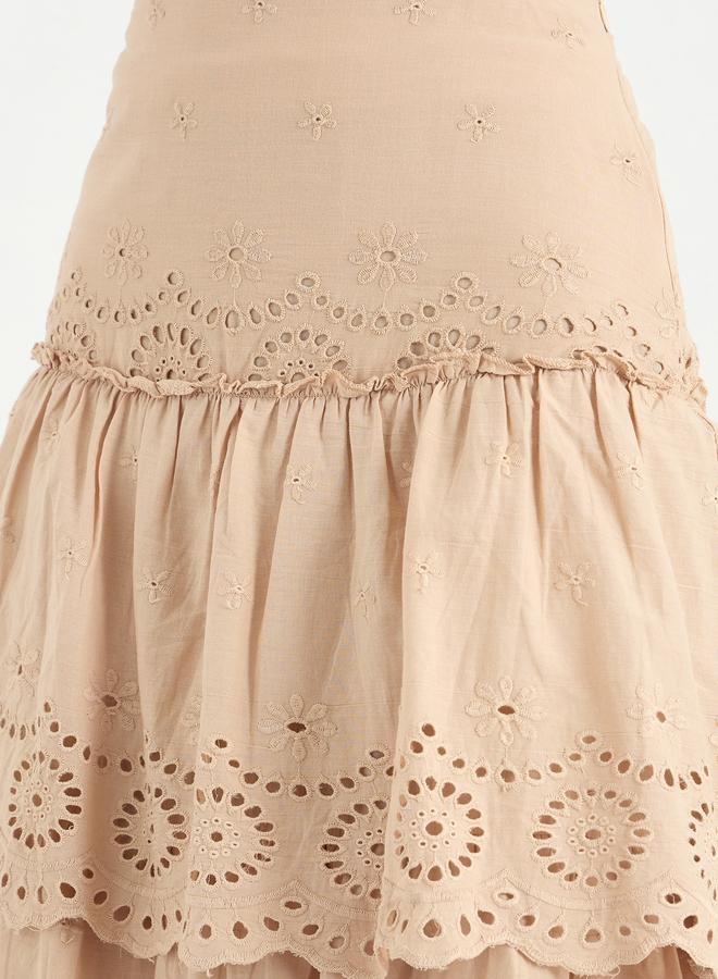 Styli Beige Schiffli Layered Maxi Skirt - Image 4