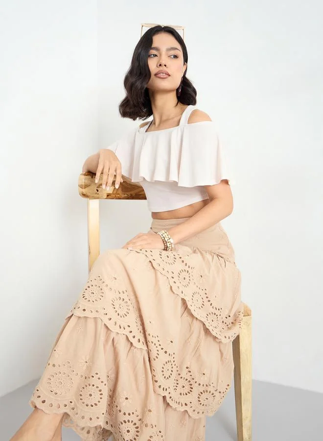Styli Beige Schiffli Layered Maxi Skirt