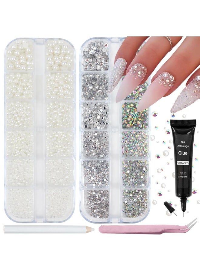 general Nail Art Pearls Rhinestones with Glue Gel White Flatback Pearls Luxurious Nail Charms Supplies Accessories Colorful Nails Rhinestones Gems Jewelry for Women Nails Design - Image 1