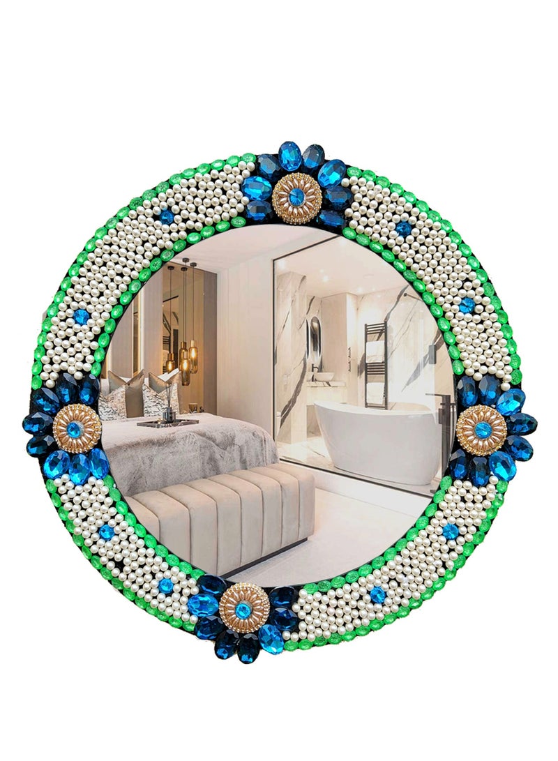 TriBro Round Shape Meticulously Handmade Wall Mirror with Green white and blue colour Decorative Wall Mirror for Bedroom Livingroom and Hallway Size 45 x 45cm x 10mm  - Image 1