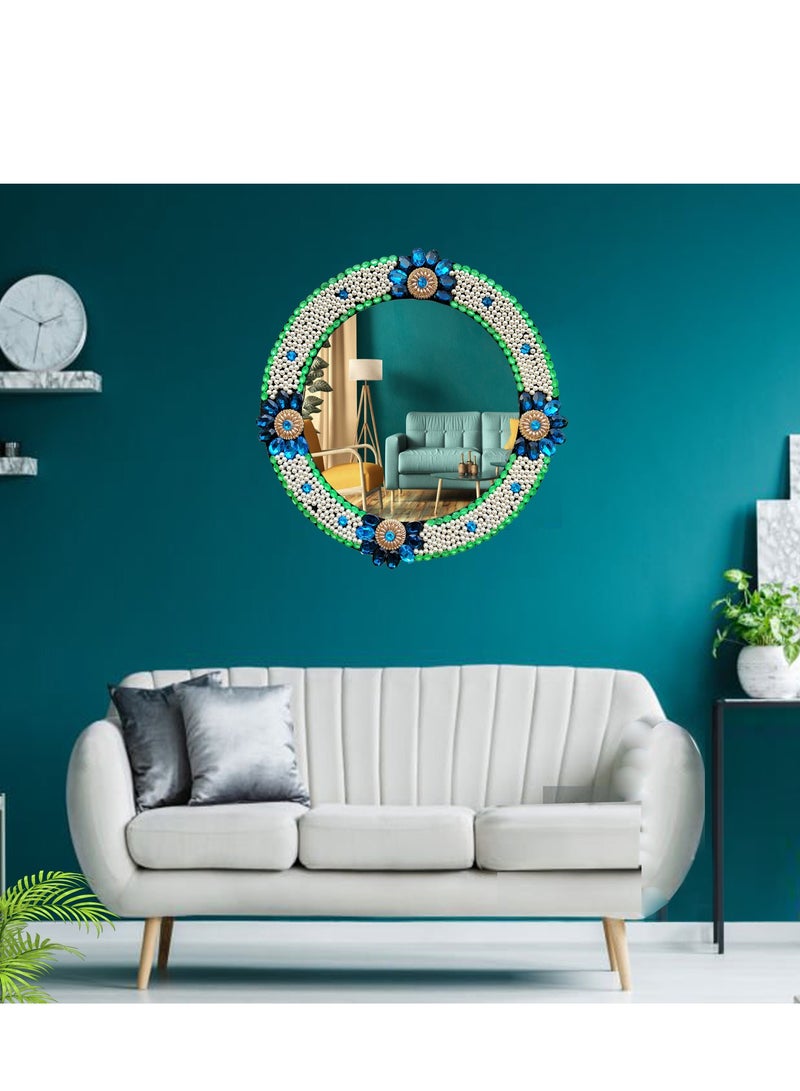 TriBro Round Shape Meticulously Handmade Wall Mirror with Green white and blue colour Decorative Wall Mirror for Bedroom Livingroom and Hallway Size 45 x 45cm x 10mm  - Image 2