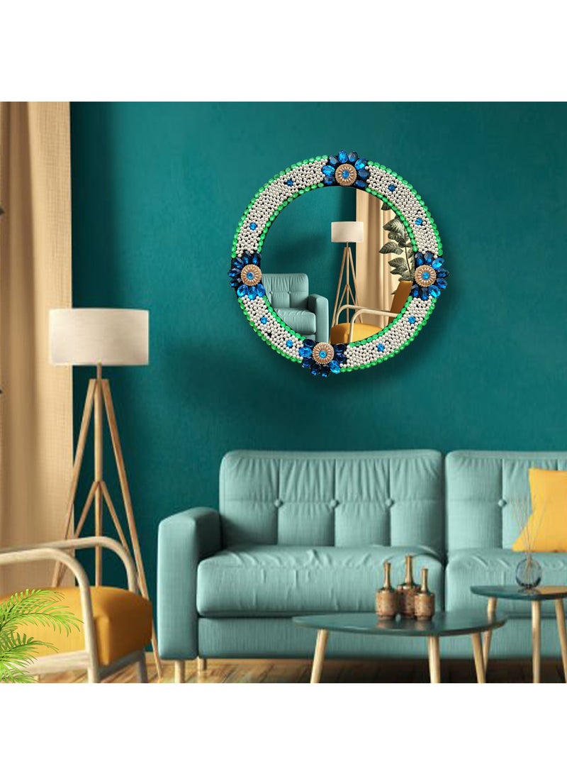 TriBro Round Shape Meticulously Handmade Wall Mirror with Green white and blue colour Decorative Wall Mirror for Bedroom Livingroom and Hallway Size 45 x 45cm x 10mm  - Image 3