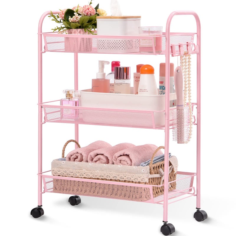 TOOLF 3 Tier Rolling Utility Cart  Durable Metal Design Pink Utility Cart Storage Trolley on Wheels with 3 Hooks Perfect for Kitchen Bathroom  Laundry Room Organization