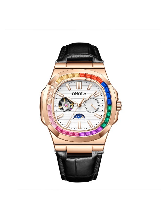 ONOLA Sun, Moon, Star, and Morning Hollow Rainbow Diamond Leather Strap Waterproof Mechanical Watch