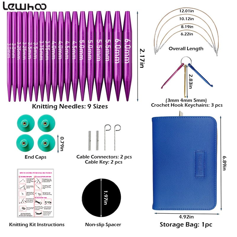 Lewhoo Circular Knitting Needles Set with 4 Cables, 9 Pair Short Aluminum Knitting Needle with Case 3.0~6.0mm Purple - Image 2