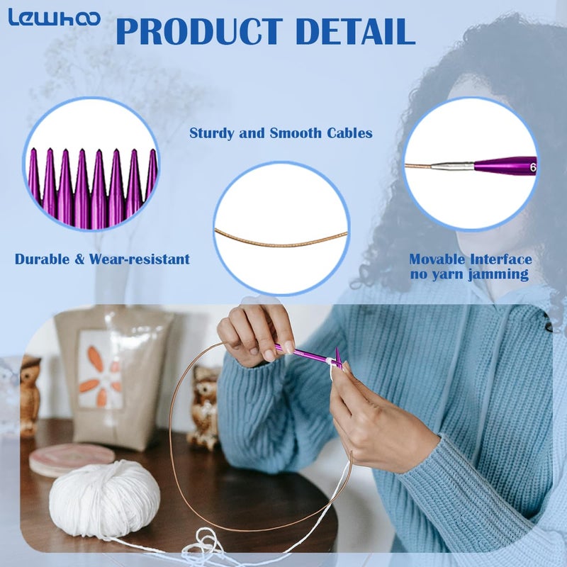 Lewhoo Circular Knitting Needles Set with 4 Cables, 9 Pair Short Aluminum Knitting Needle with Case 3.0~6.0mm Purple - Image 4