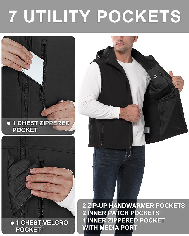 33,000ft Men's Lightweight Softshell Vest Hooded Outerwear Zip Up Fleece Lined Windproof Sleeveless Jacket for Golf Running - Image 3