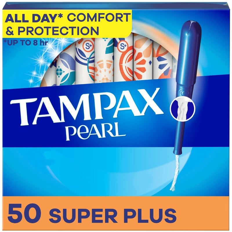 Tampax Pearl Tampons Super Plus Absorbency, with Leakguard Braid, Unscented, 50 Count - Image 1