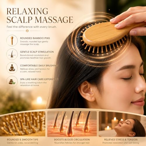 Street27® Natural Bamboo Wood Comb Professional Healthy Paddle Cushion Hair Loss Massage Brush Detangling Hairbrush for Massaging Scalp Hair Care Healthy Anti-static Hair Brush For Women & Men (M) - Image 4