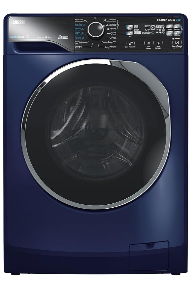 Zanussi 8 kg - inverter washing machine 1200 spin TC2 - blue midnight with black door and chrome frame - ZWF8221ML7