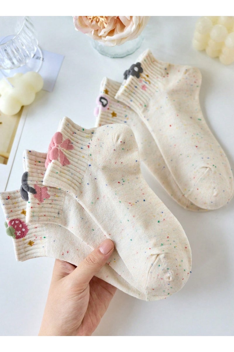 جوارب نسائية قصيرة مطرزة – قطن ناعم، تصميم منقط ملون، رسومات فواكه وربطات كيوت، طقم متعدد (4 قطع) - Image 1