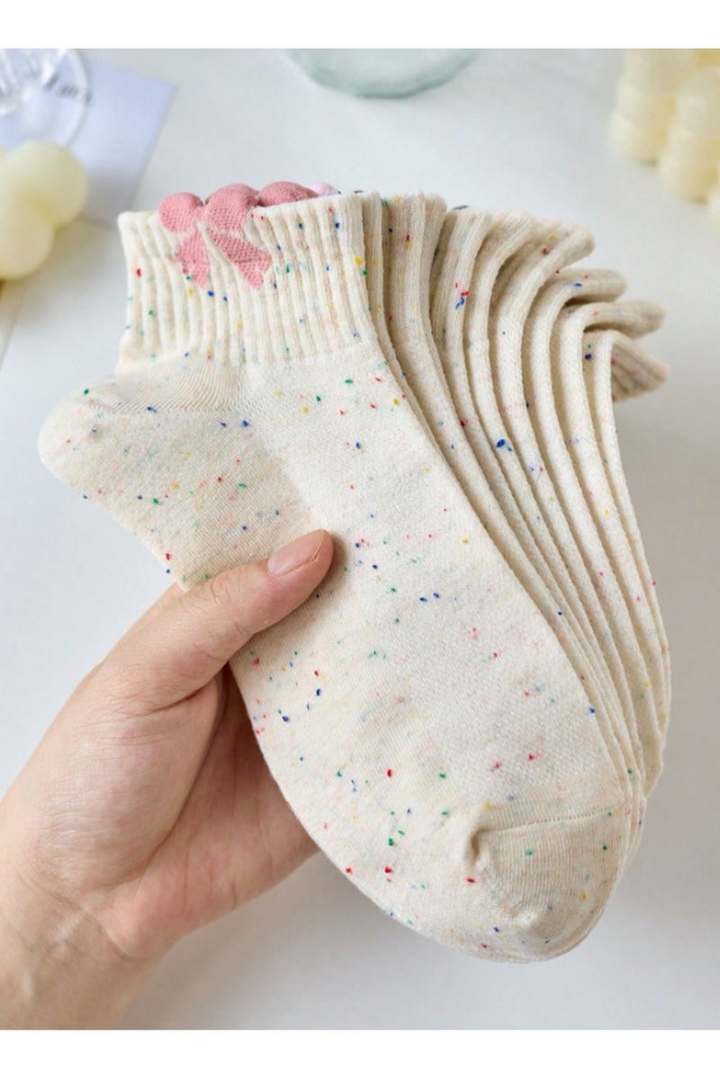 جوارب نسائية قصيرة مطرزة – قطن ناعم، تصميم منقط ملون، رسومات فواكه وربطات كيوت، طقم متعدد (4 قطع) - Image 3