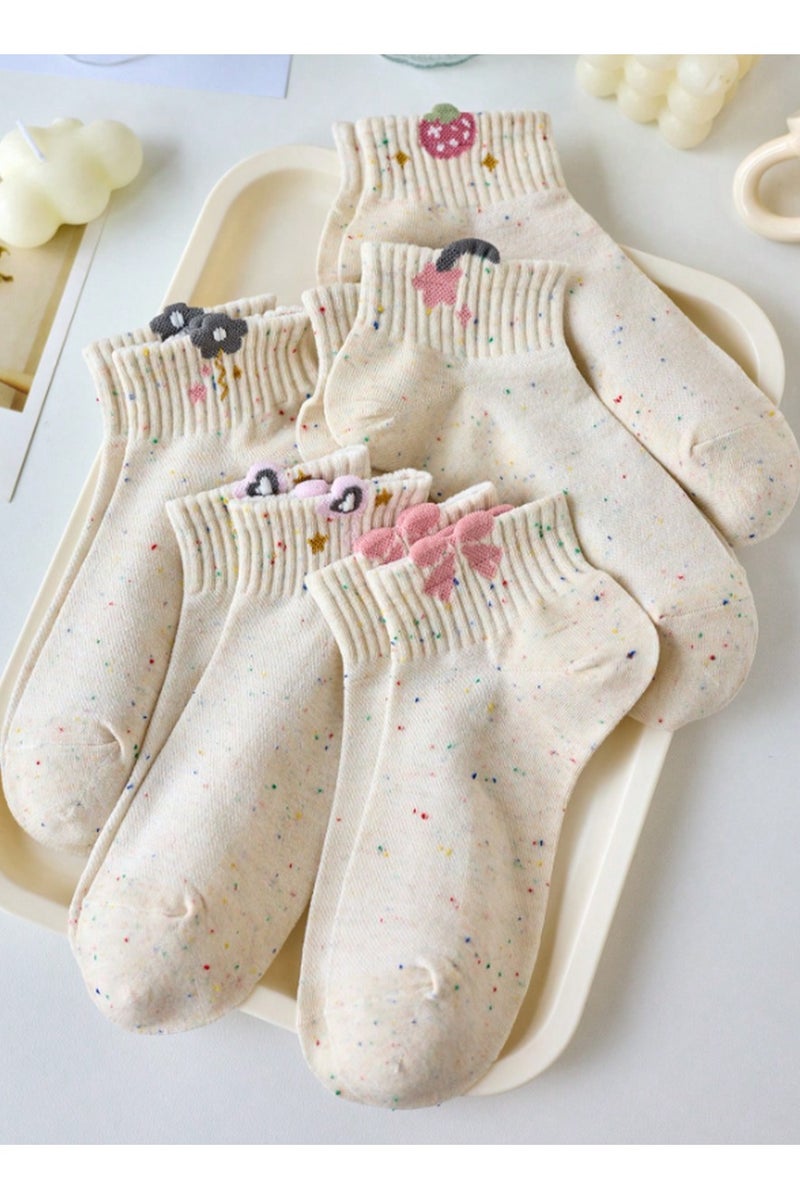 جوارب نسائية قصيرة مطرزة – قطن ناعم، تصميم منقط ملون، رسومات فواكه وربطات كيوت، طقم متعدد (4 قطع) - Image 4