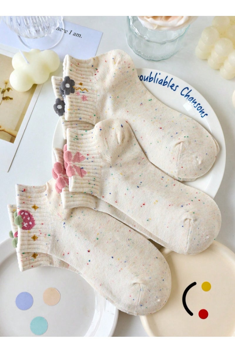 جوارب نسائية قصيرة مطرزة – قطن ناعم، تصميم منقط ملون، رسومات فواكه وربطات كيوت، طقم متعدد (4 قطع) - Image 5