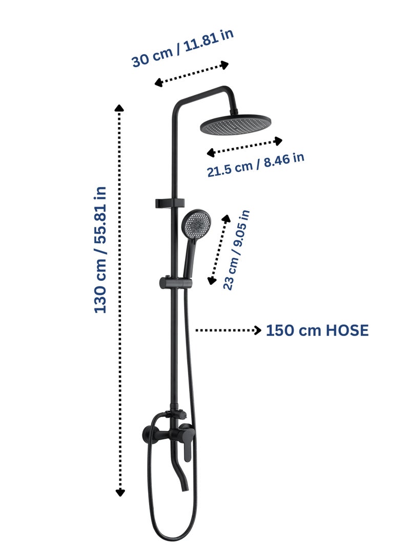 MODI Black Shower Panel with Overhead Rain Shower & 5-Function Hand Shower –  Brass Diverter, Adjustable Slider -130 cm Height - Image 3