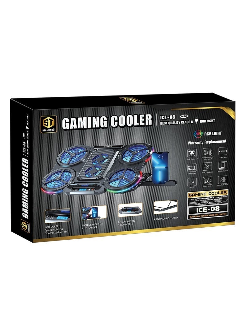 Standard ICE08 Laptop Cooler with LCD Display RGB Lighting and Adjustable Fan Control for Gaming Laptops - Image 1