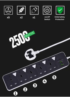 PowerMax 5-Outlet Power Strip with 2 USB Ports (3.4A) & Type-C PD - 2500W Heavy Duty Extension Cord, 3M Cable, Anti-Surge Protection - Ideal for Home/Office/Gaming (MX55 Model)  - Image 3