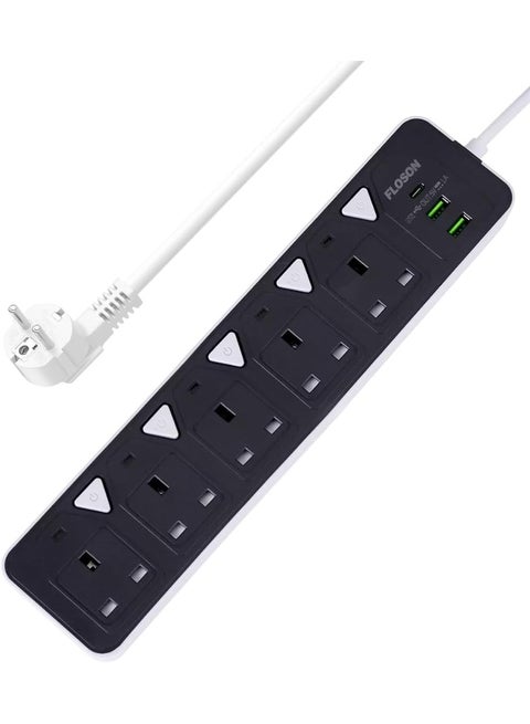 5-Outlet Power Strip 10Amp with 2 USB Ports (3.4A) & Type-C PD - 2000W Heavy Duty Extension Cord, 3M & 5M Cable, Anti-Surge Protection - Ideal for Home/Office/Gaming