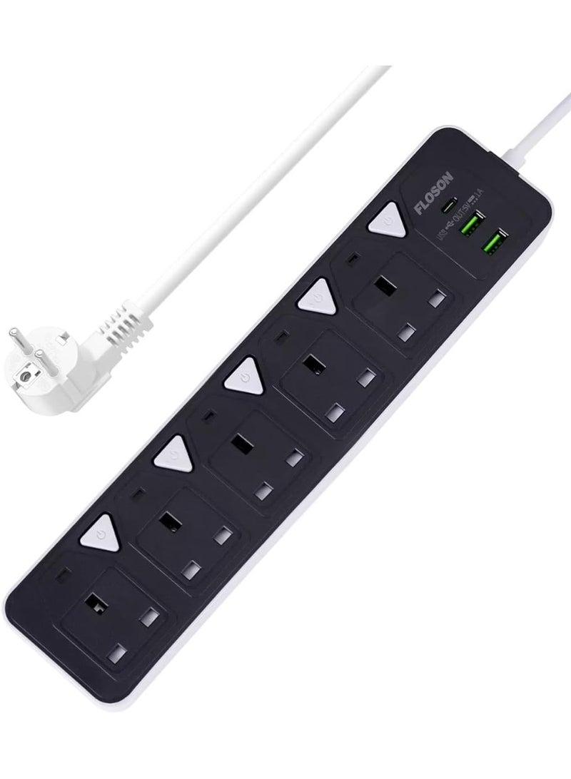 PowerMax 5-Outlet Power Strip 10Amp with 2 USB Ports (3.4A) & Type-C PD - 2000W Heavy Duty Extension Cord, 3M & 5M Cable, Anti-Surge Protection - Ideal for Home/Office/Gaming - Image 1