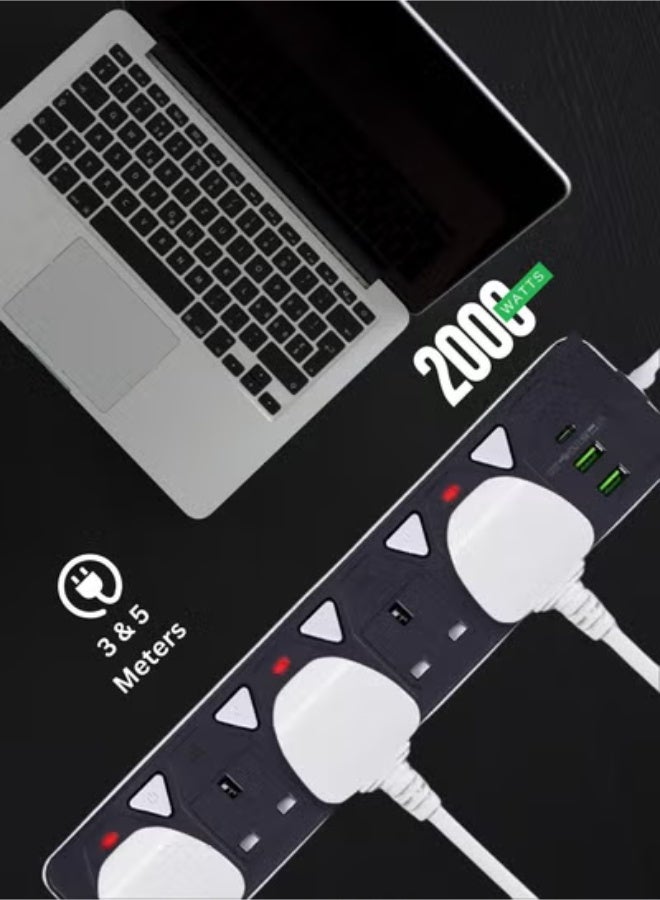 PowerMax 5-Outlet Power Strip 10Amp with 2 USB Ports (3.4A) & Type-C PD - 2000W Heavy Duty Extension Cord, 3M & 5M Cable, Anti-Surge Protection - Ideal for Home/Office/Gaming - Image 2