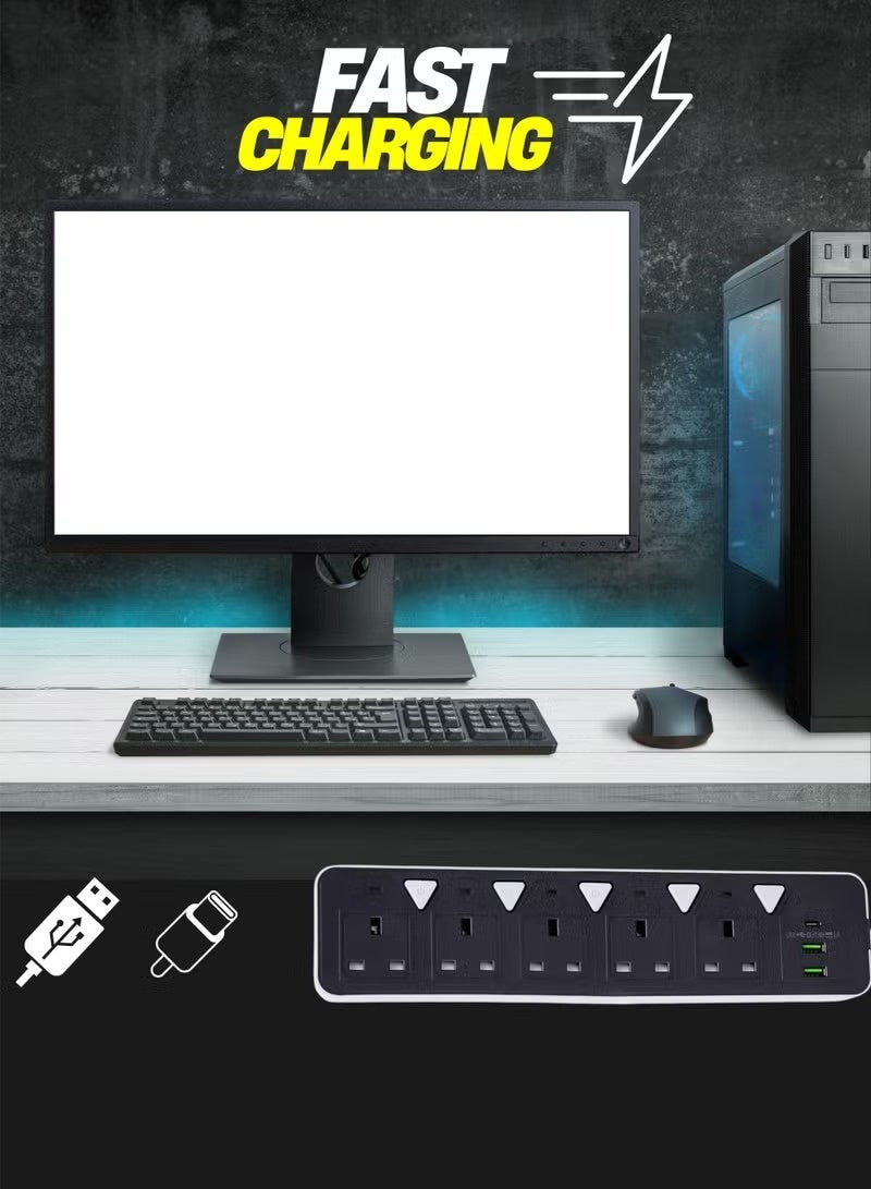 PowerMax 5-Outlet Power Strip 10Amp with 2 USB Ports (3.4A) & Type-C PD - 2000W Heavy Duty Extension Cord, 3M & 5M Cable, Anti-Surge Protection - Ideal for Home/Office/Gaming - Image 3