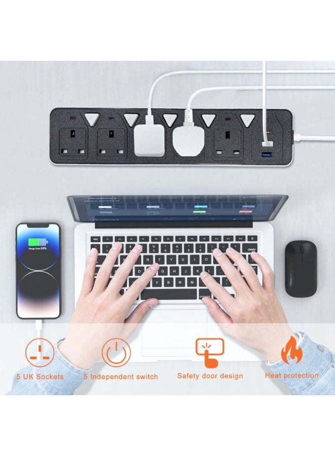 PowerMax 5-Outlet Power Strip 10Amp with 2 USB Ports (3.4A) & Type-C PD - 2000W Heavy Duty Extension Cord, 3M & 5M Cable, Anti-Surge Protection - Ideal for Home/Office/Gaming - Image 4