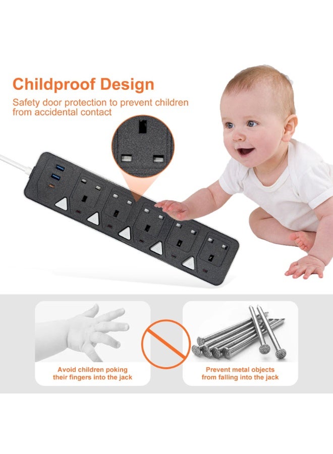 PowerMax 5-Outlet Power Strip 10Amp with 2 USB Ports (3.4A) & Type-C PD - 2000W Heavy Duty Extension Cord, 3M & 5M Cable, Anti-Surge Protection - Ideal for Home/Office/Gaming - Image 5