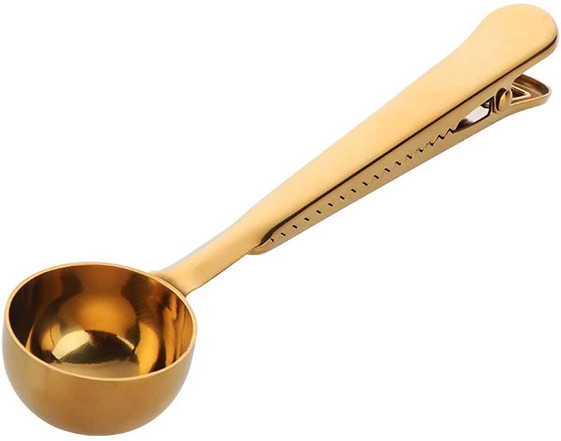 UPKARANWALE Coffee Scoop Clip Stainless Steel Tablespoon Coffee Spoon with Long Handle Multifunction Sealing Bag Clip for Tea, Coffee, Protein Powder, Instant Drinks, Kitchen Tools (Golden, Set of 1) - Image 1