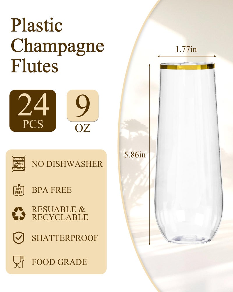 Ciaell 24 Pack Gold Plastic Champagne Flutes - 9 Oz Disposable Champagne Glasses - Stemless Mimosa Glass for Parties & Weddings & Birthdays - Image 2