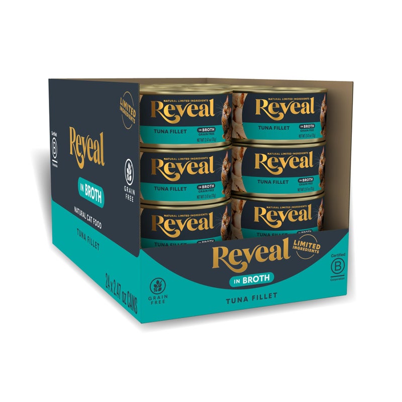 Reveal Natural Wet Cat Food, 24 Count, Grain Free, Limited Ingredient Canned Food for Cats, Tuna Fillet in Broth, 2.47 oz Cans - Image 1