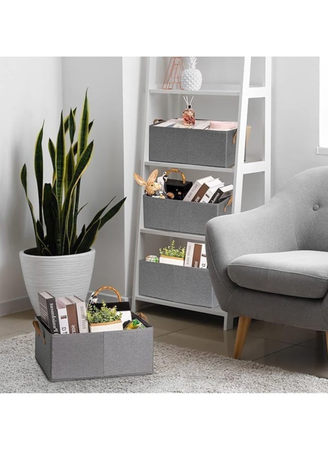 Fabric Baskets Foldable Storage Bin,Canvas Storage Baskets with Metal Frame, Closet Baskets and Bins with Handles, Sturdy Foldable Storage Boxes for Organizing Clothing, Sheets (Grey, 4 PCS)