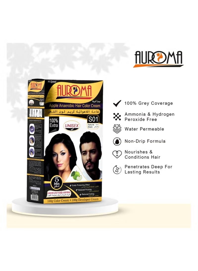 Auroma Ammonia Free Hair Color Cream - 100 ml Cream + 100 ml Developer - Apple (Natural Black S01) - Image 2