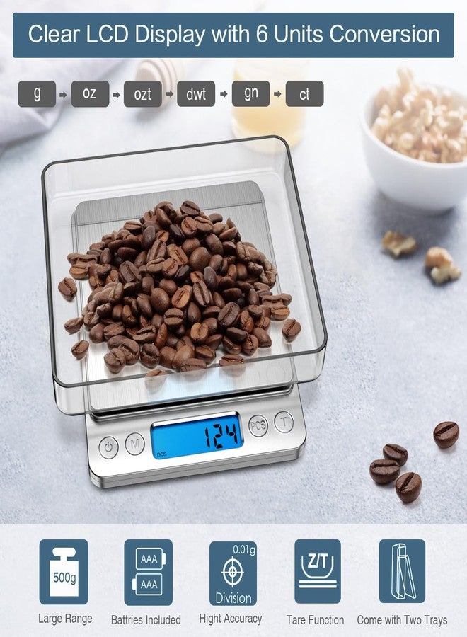 Ankilo Digital Kitchen Scale 500g/0.1g, High Accuracy Mini Pocket Scale for Cooking, Baking, Jewelry, Coffee, Powder, Food Scale with Backlit LCD Display, Tare, PCS, 6 Units, 2 Trays, Stainless Steel - Image 3